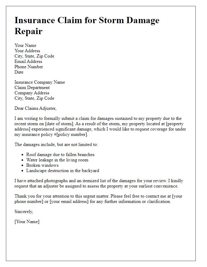 Letter template of storm damage repair for insurance claims.