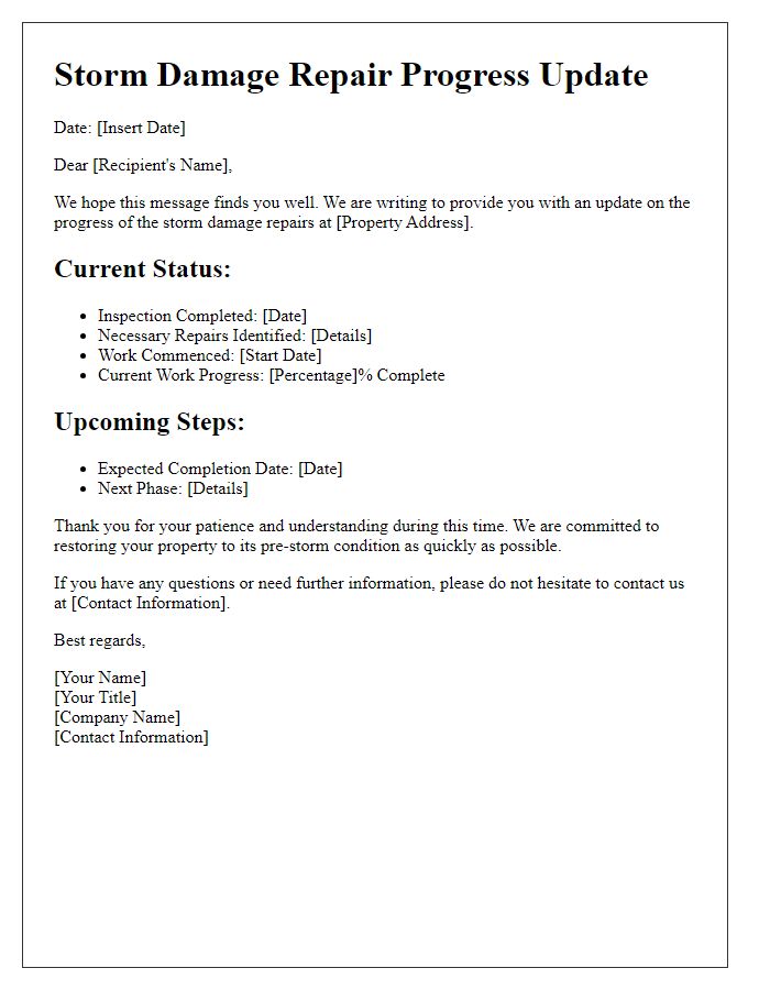 Letter template of storm damage repair progress update.