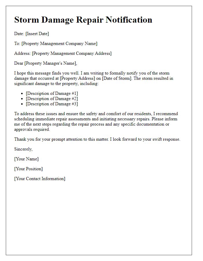 Letter template of storm damage repair for property management.