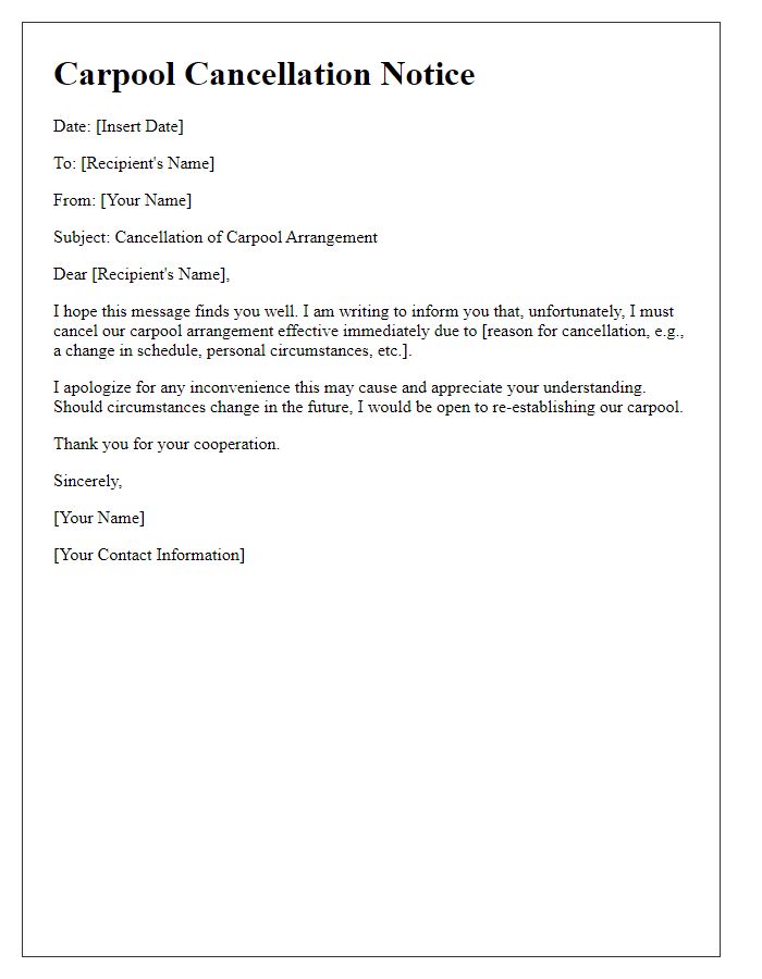 Letter template of car pool cancellation notice