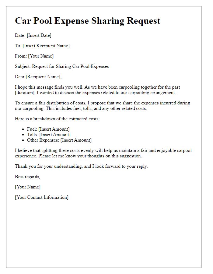 Letter template of car pool expense sharing request