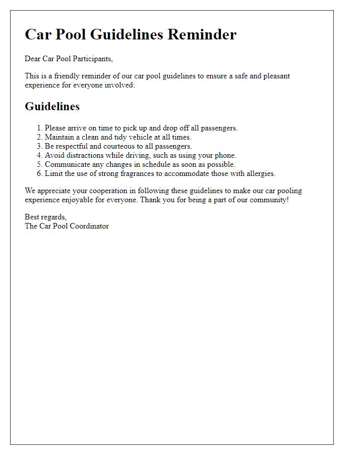 Letter template of car pool guidelines reminder