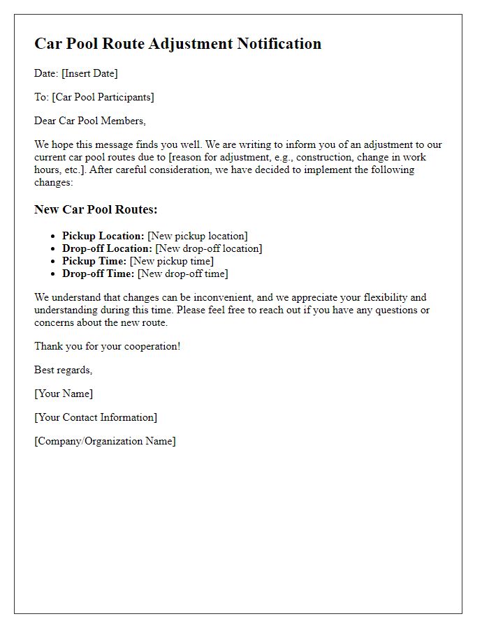 Letter template of car pool route adjustment