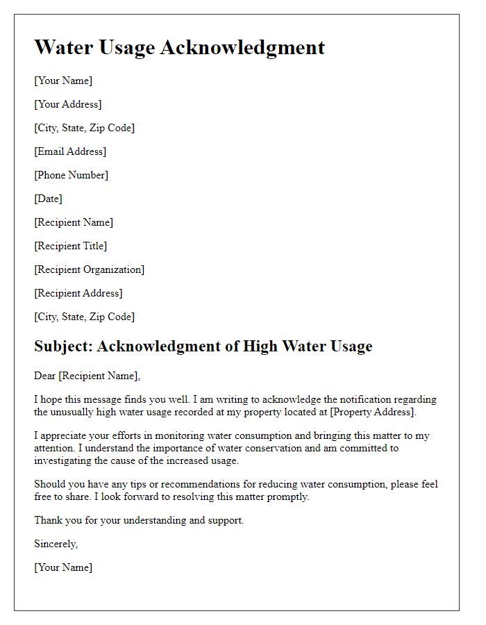 Letter template of acknowledgment for addressing high water usage.