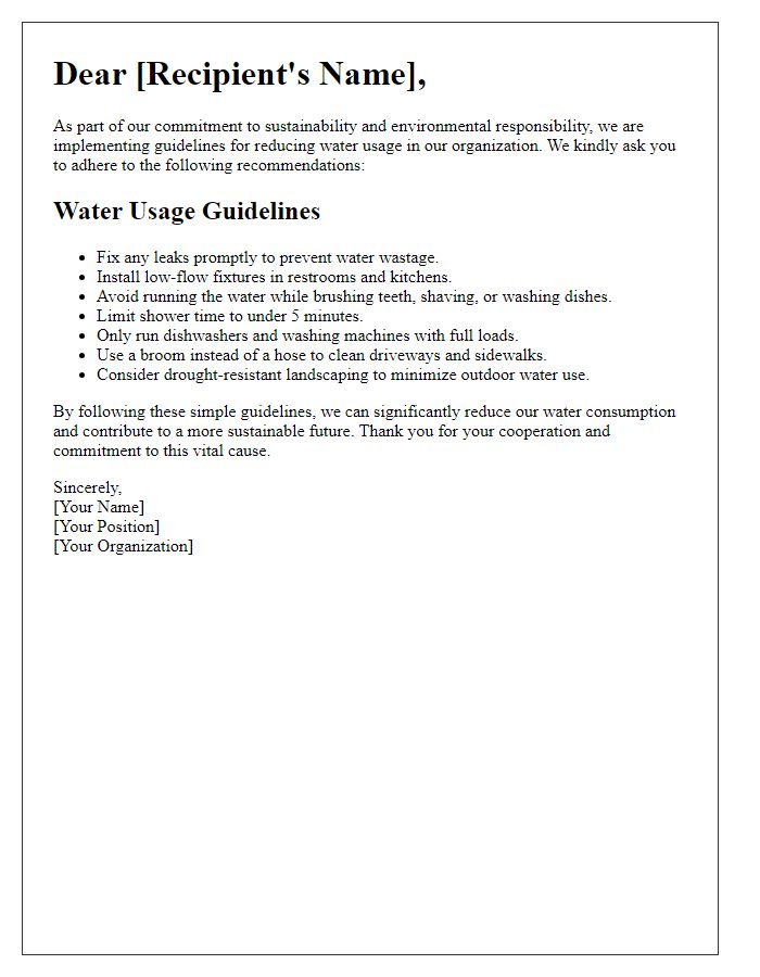 Letter template of guidelines for reducing water usage.