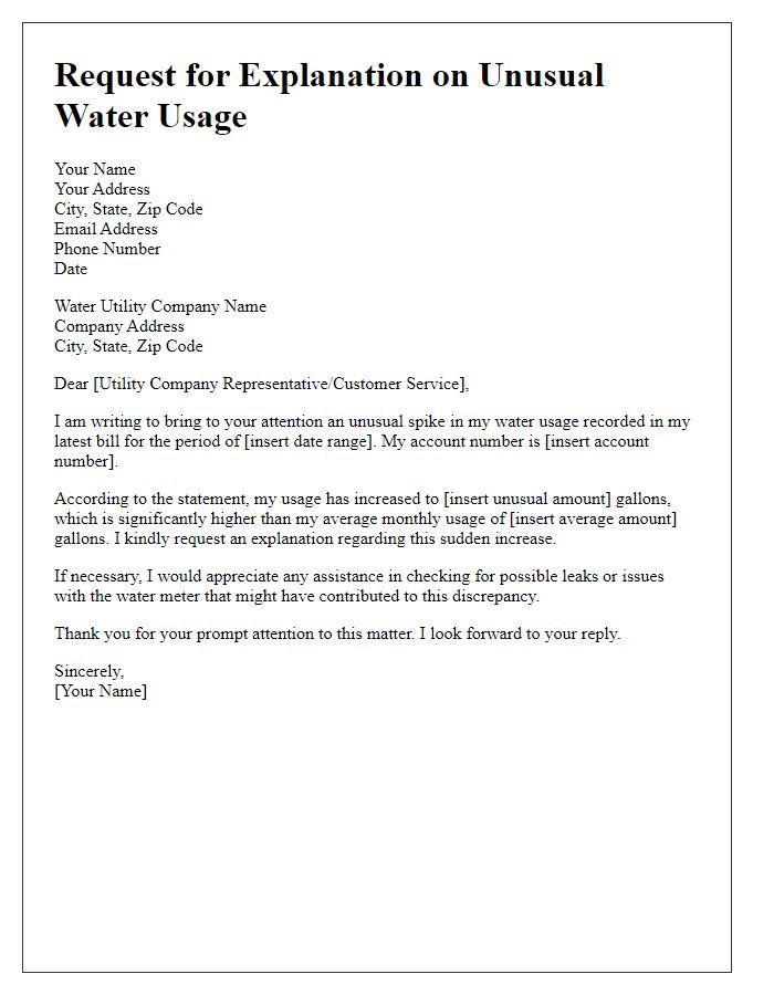 Letter template of request for explanation on unusual water usage.