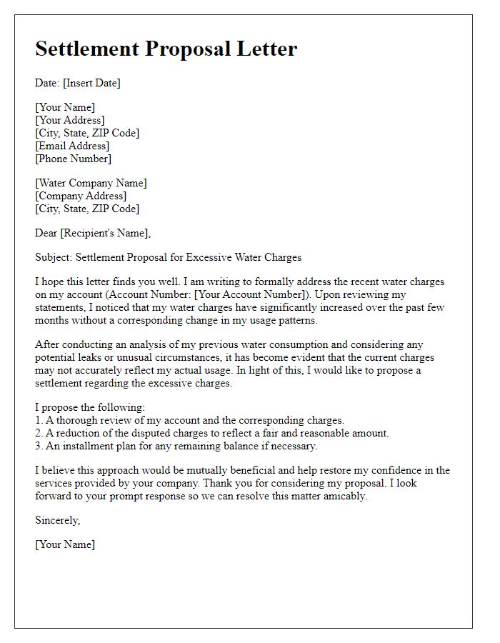 Letter template of settlement proposal for excessive water charges.