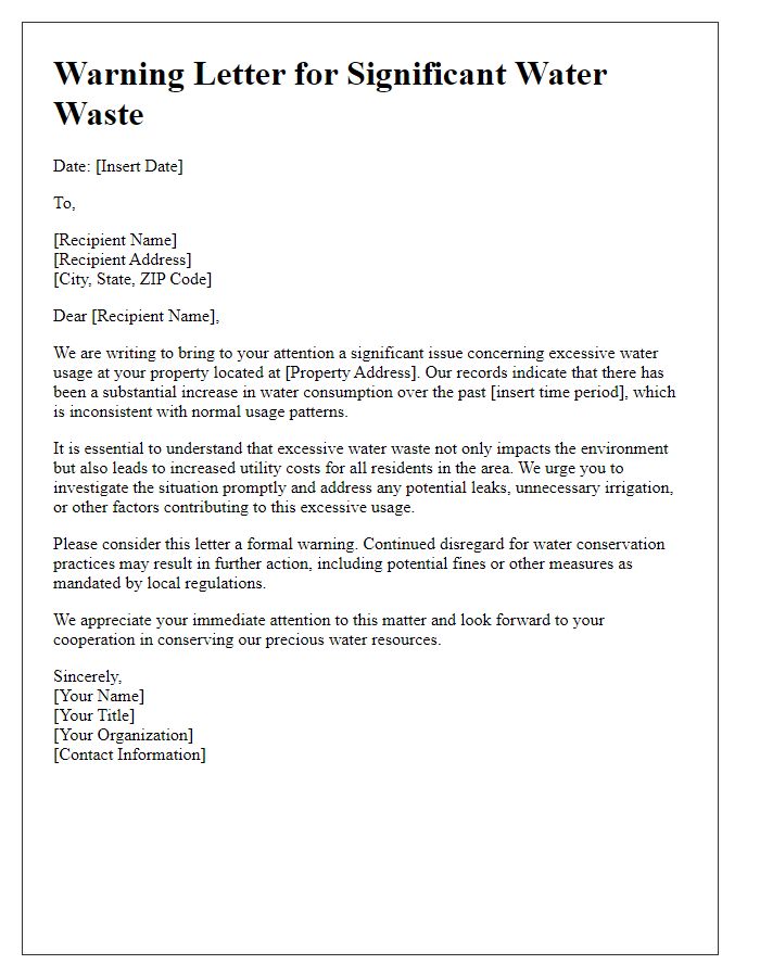 Letter template of warning for significant water waste.