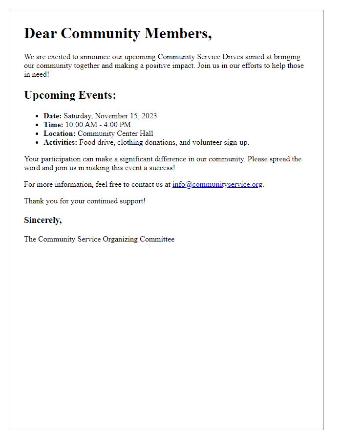 Letter template of announcement for upcoming community service drives