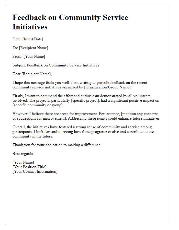 Letter template of feedback on community service initiatives