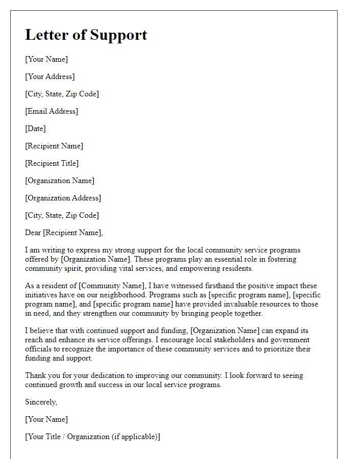 Letter template of support for local community service programs