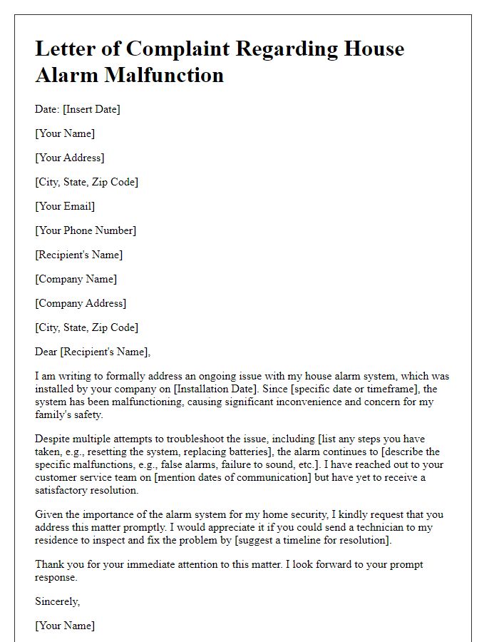 Letter template of complaint regarding house alarm malfunction