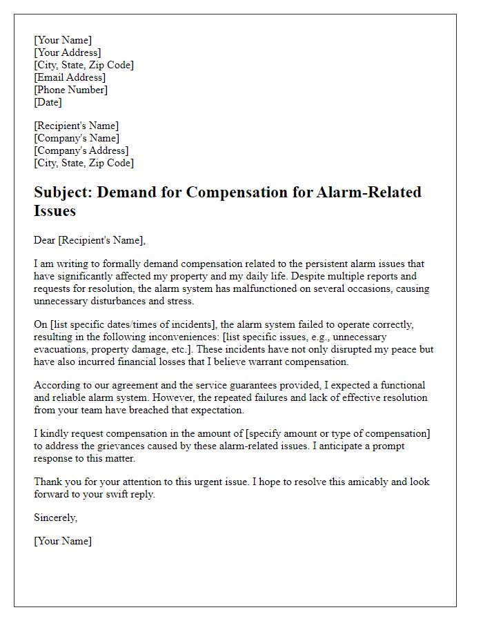 Letter template of demand for compensation for alarm-related issues