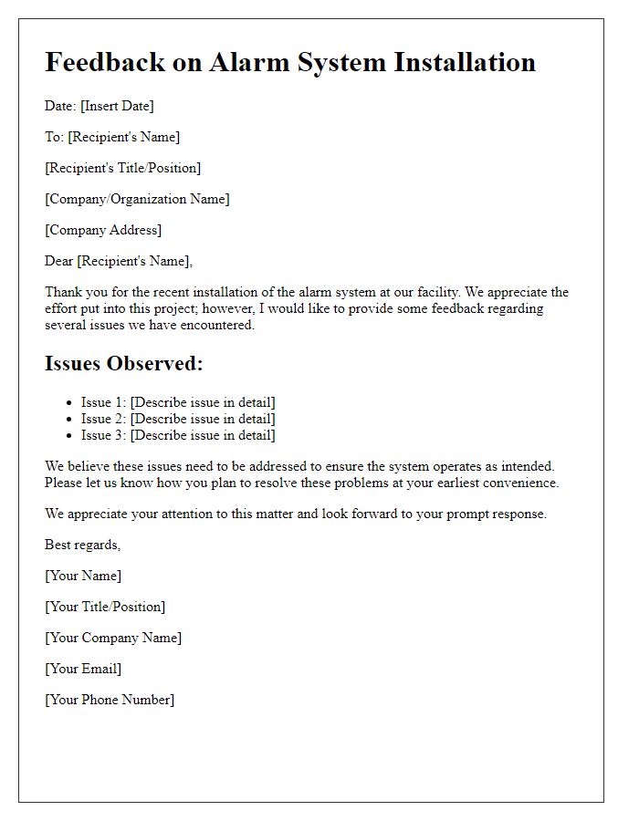 Letter template of feedback for alarm system installation issues