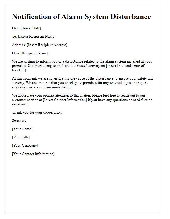 Letter template of notification for alarm system disturbance