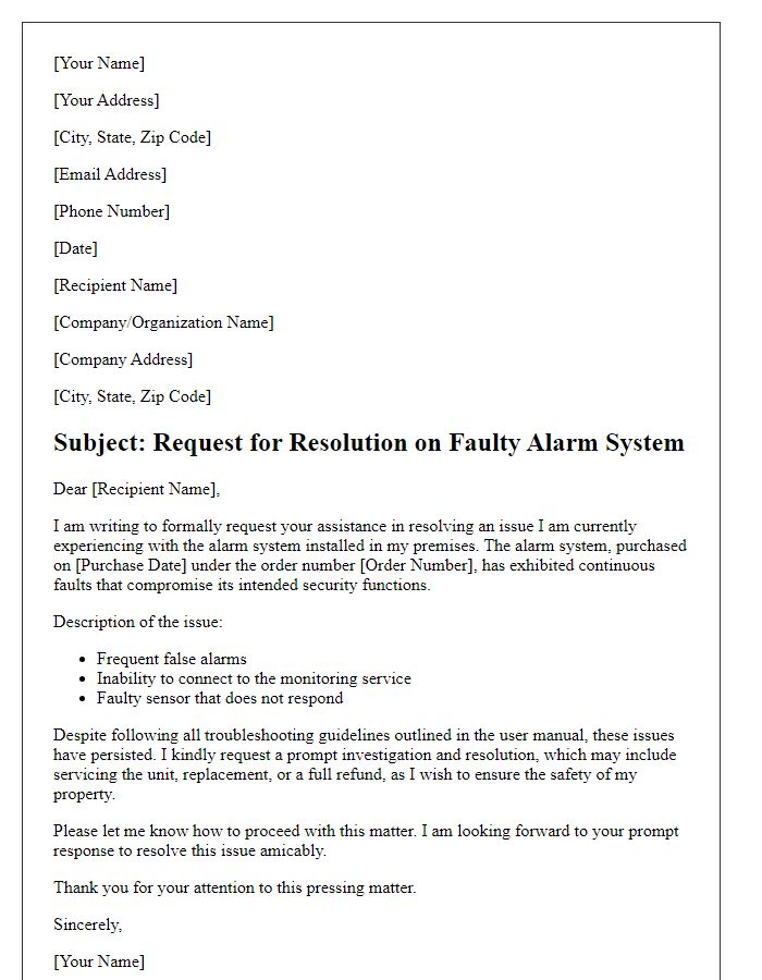 Letter template of request for resolution on faulty alarm system