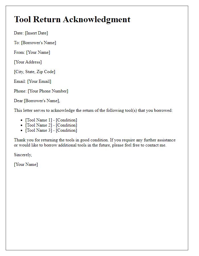Letter template of borrowed tool return acknowledgment