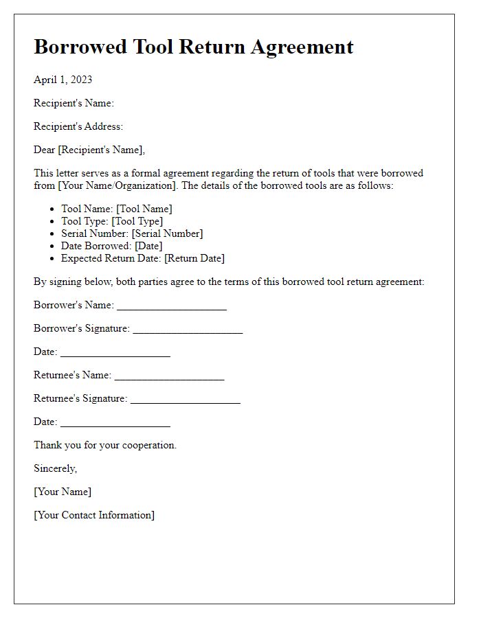 Letter template of borrowed tool return agreement