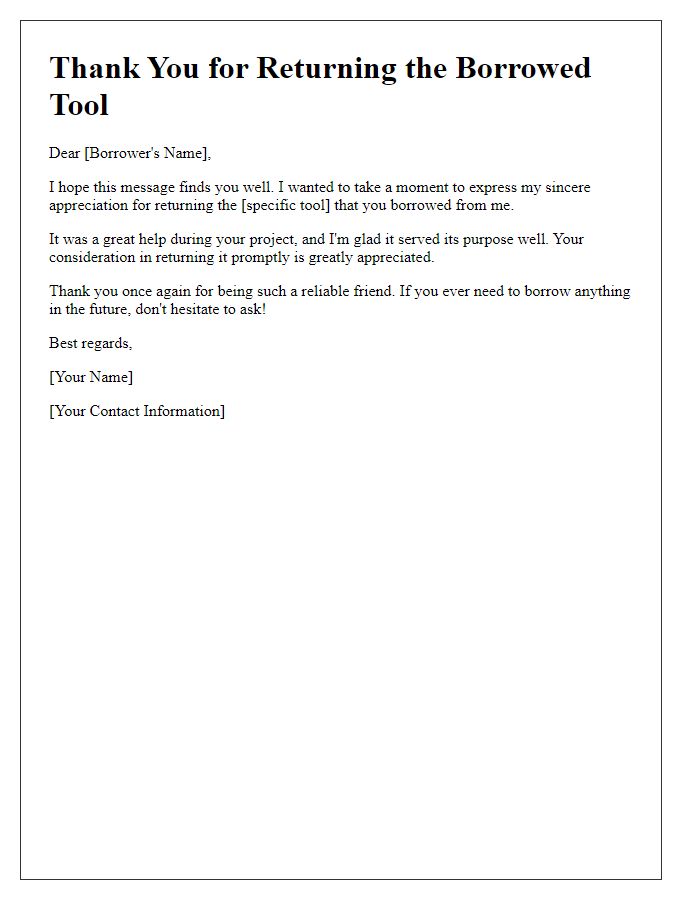 Letter template of borrowed tool return appreciation