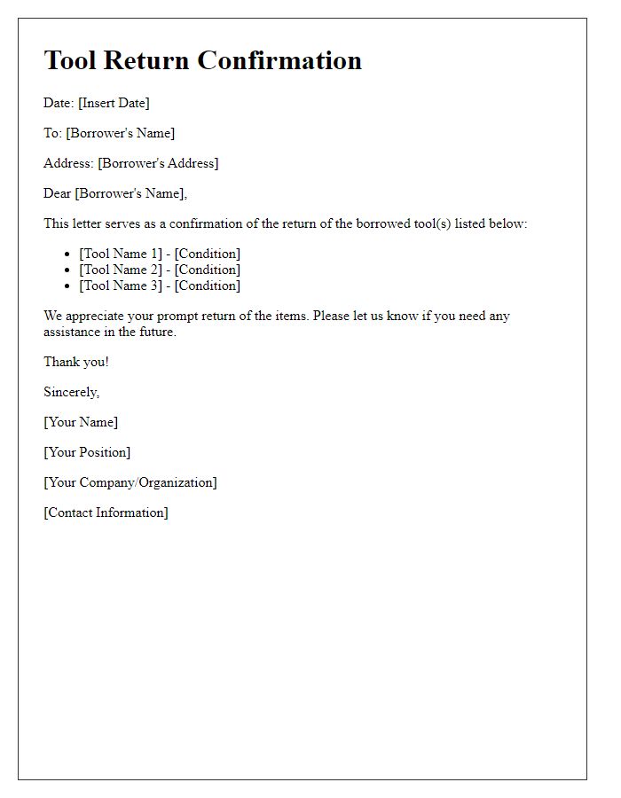 Letter template of borrowed tool return confirmation