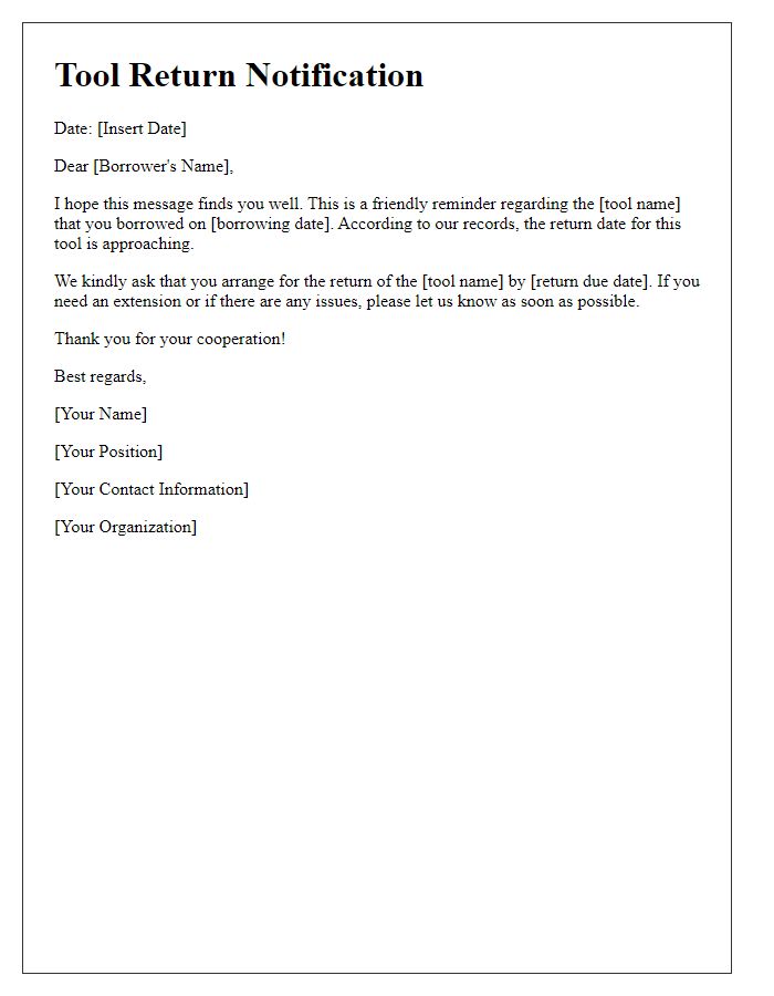 Letter template of borrowed tool return notification