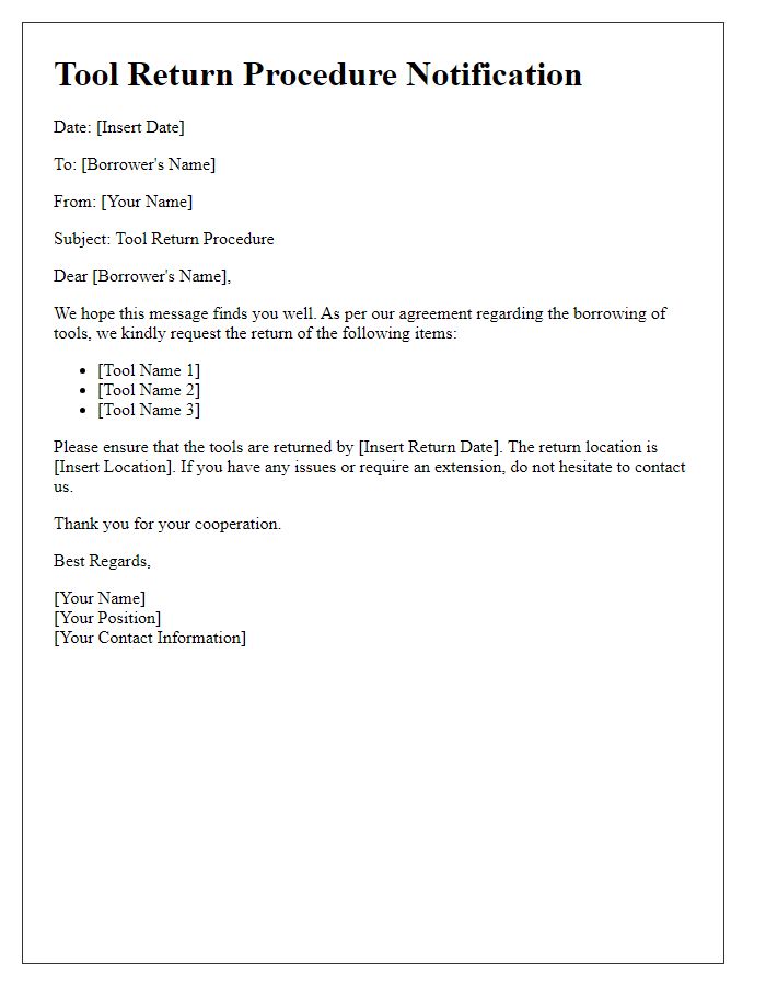 Letter template of borrowed tool return procedure