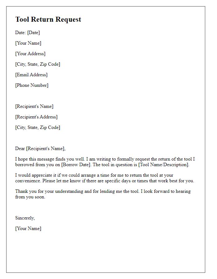 Letter template of borrowed tool return request