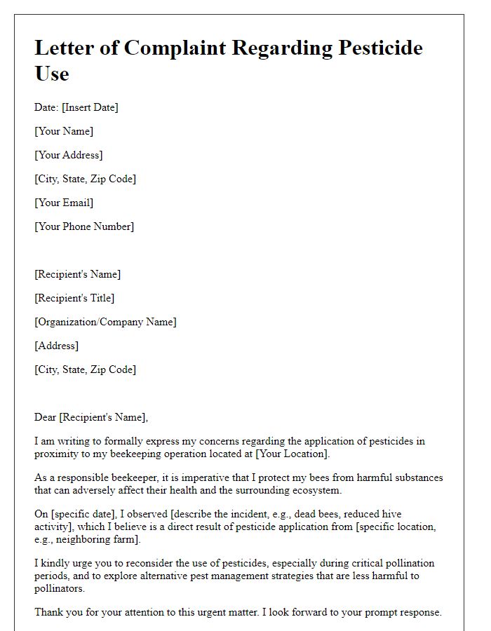 Letter template of beekeeping complaint regarding pesticide use