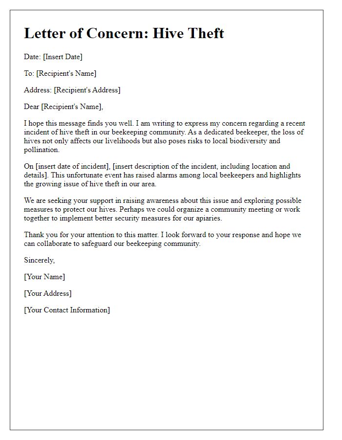 Letter template of beekeeping concern about hive theft