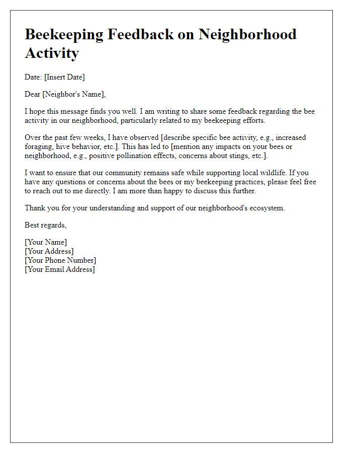 Letter template of beekeeping feedback on neighborhood bee activity