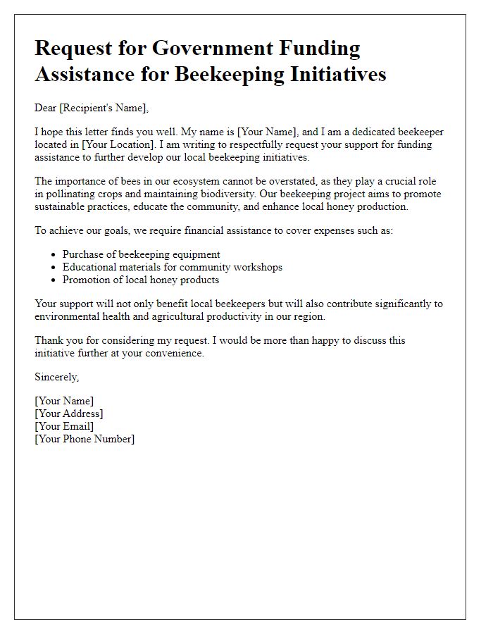 Letter template of beekeeping request for government funding assistance