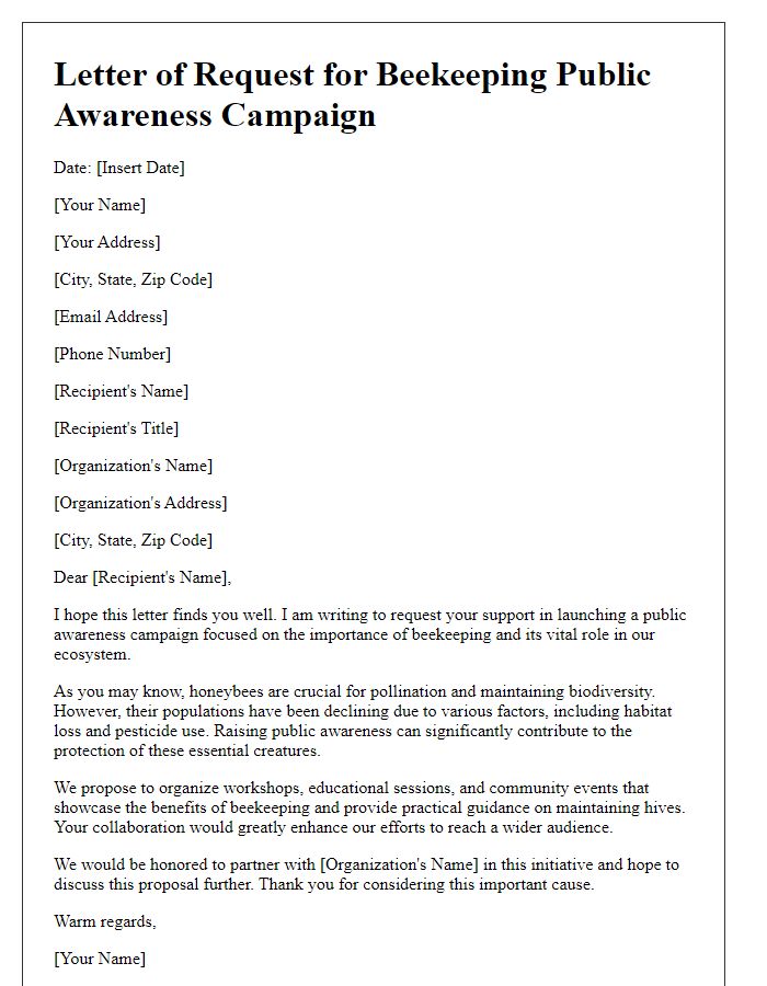 Letter template of beekeeping request for public awareness campaign