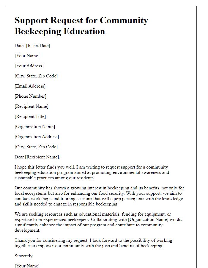 Letter template of beekeeping support request for community education