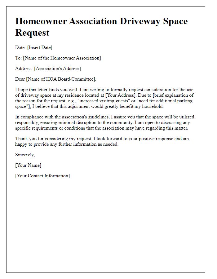 Letter template of homeowner association driveway space request