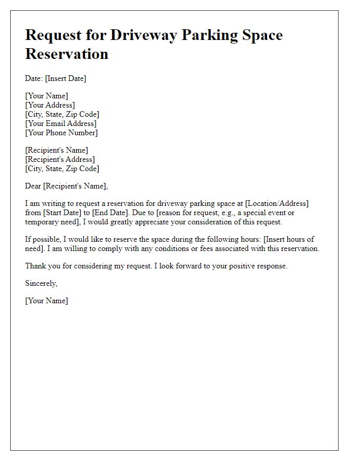 Letter template of request for driveway parking space reservation