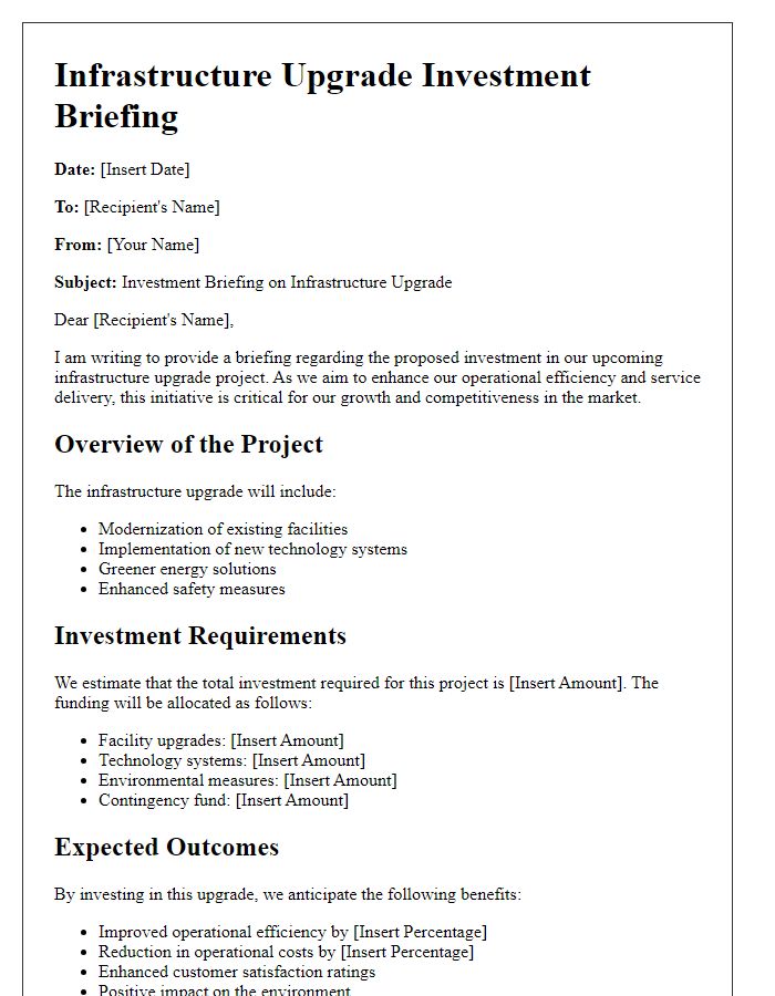 Letter template of infrastructure upgrade investment briefing