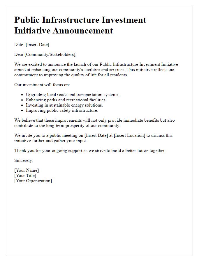 Letter template of public infrastructure investment initiative announcement