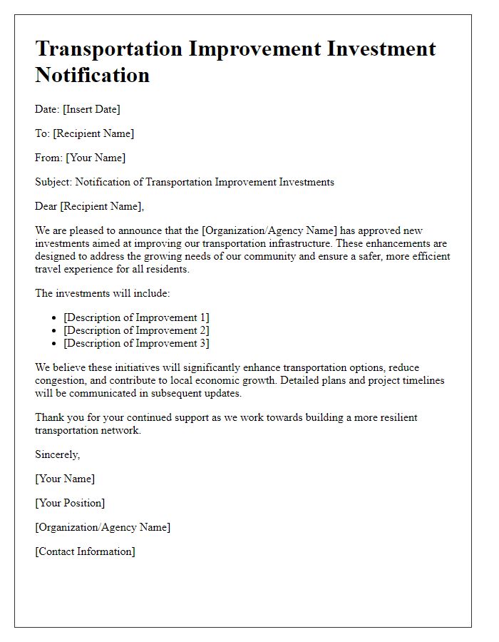 Letter template of transportation improvement investment notification