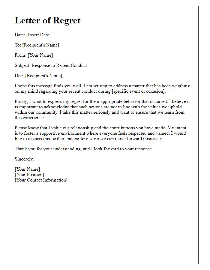 Letter template of regretful response to inappropriate conduct