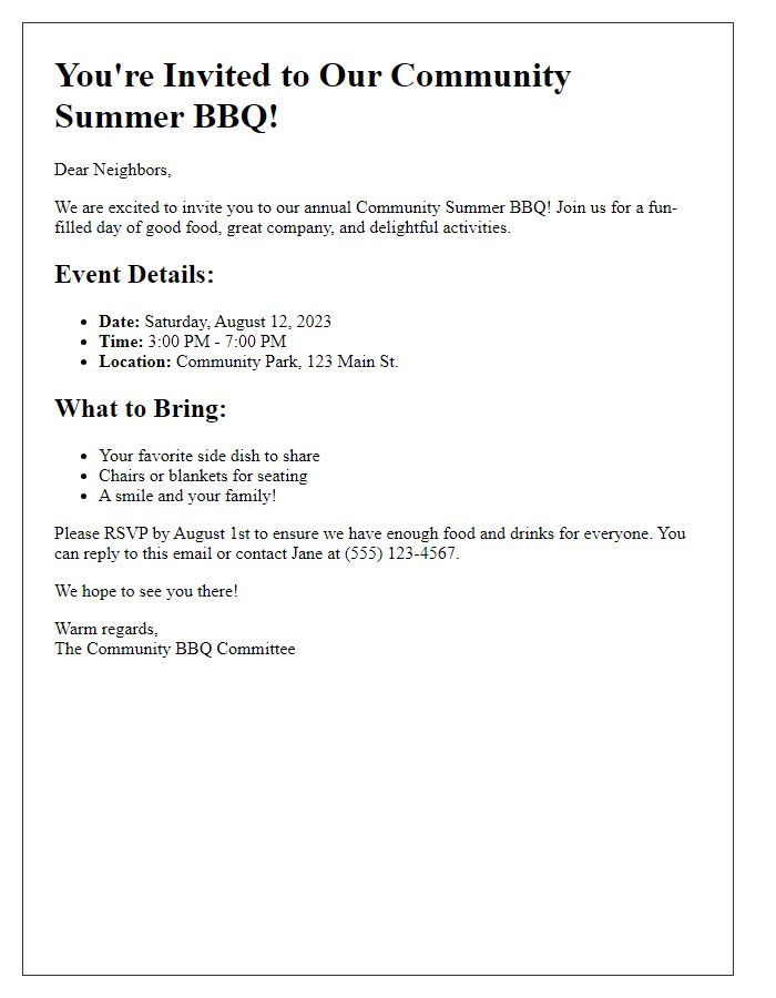 Letter template of community summer BBQ event invitation