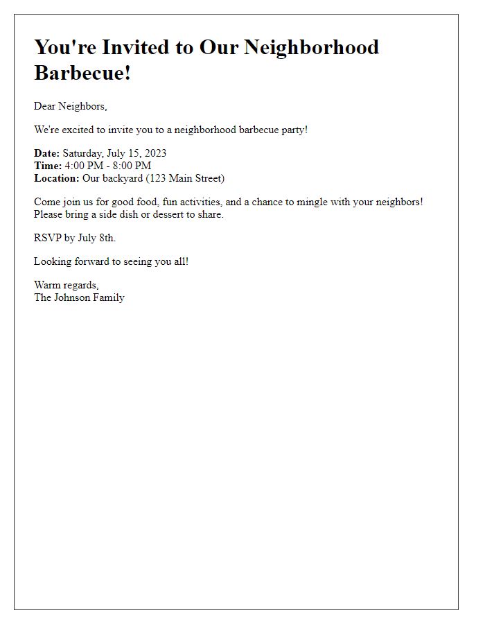 Letter template of neighborhood barbecue party invitation