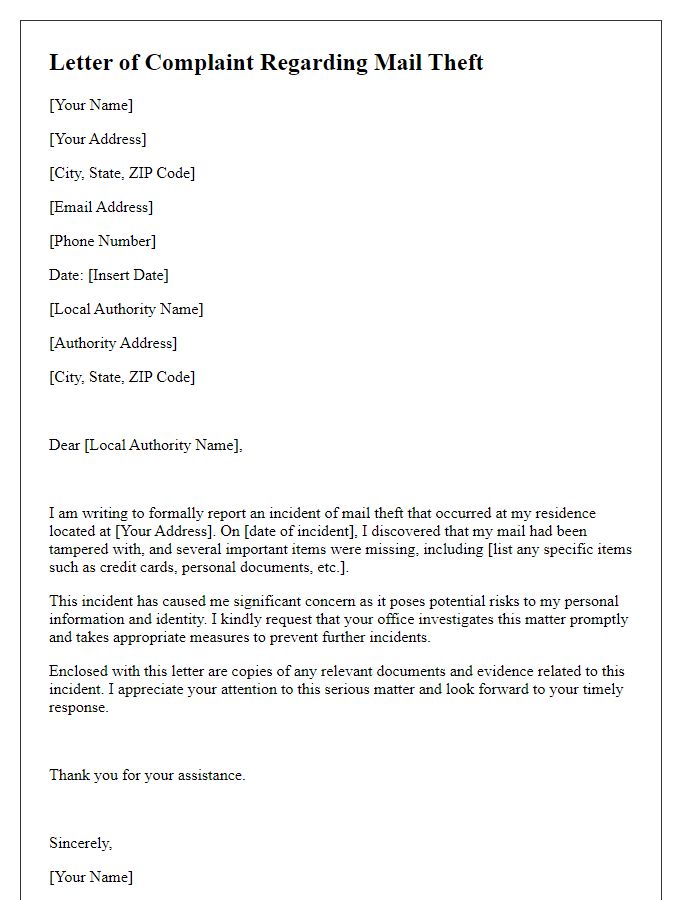 Letter template of mail theft complaint to local authorities