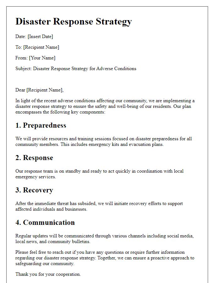 Letter template of disaster response strategy for adverse conditions