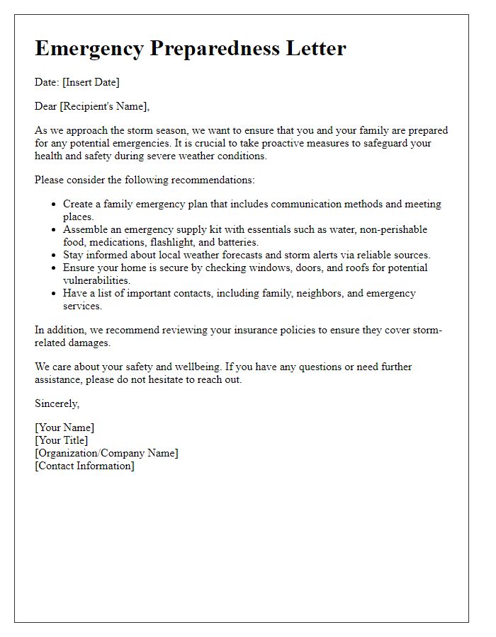 Letter template of emergency preparedness for storms