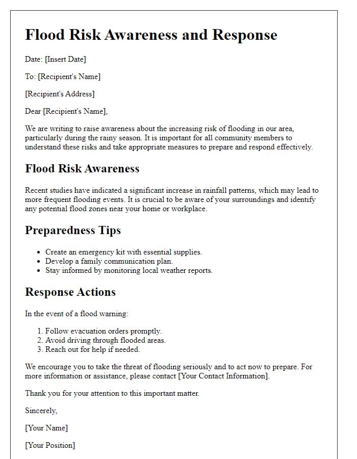 Letter template of flood risk awareness and response