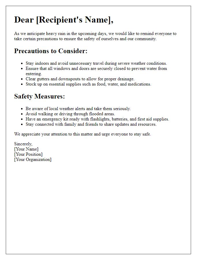 Letter template of heavy rain precautions and safety measures