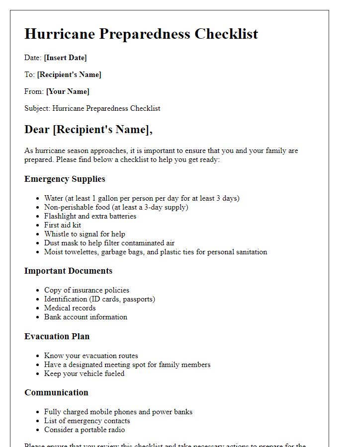 Letter template of hurricane preparedness checklist