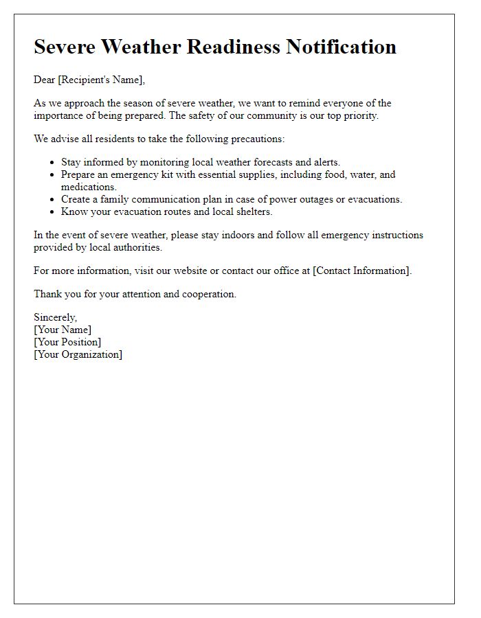 Letter template of severe weather readiness notification