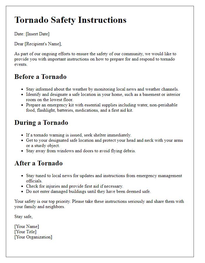 Letter template of tornado safety instructions