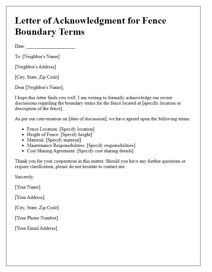 Letter template of acknowledgment for fence boundary terms